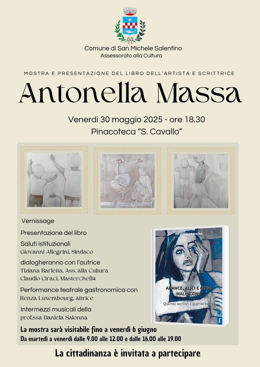 Immagine: locandina p𝐫𝐞𝐬𝐞𝐧𝐭𝐚𝐳𝐢𝐨𝐧𝐞 𝐝𝐞𝐥 𝐥𝐢𝐛𝐫𝐨 𝐞 𝐦𝐨𝐬𝐭𝐫𝐚 𝐝𝐞𝐥𝐥’𝐚𝐫𝐭𝐢𝐬𝐭𝐚 𝐀𝐧𝐭𝐨𝐧𝐞𝐥𝐥𝐚 𝐌𝐚𝐬𝐬𝐚